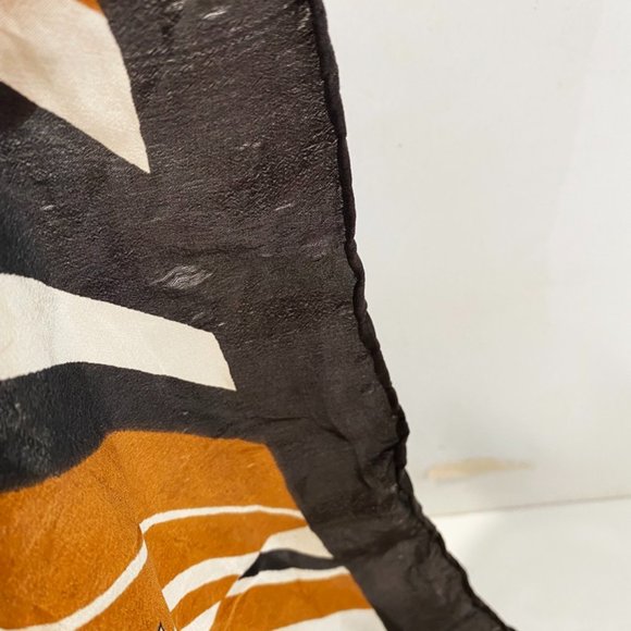 Old 100% Silk Scarf Black Brown Ivory Diagonal Stripe Peach Flowers 30" Square - Picture 6 of 6